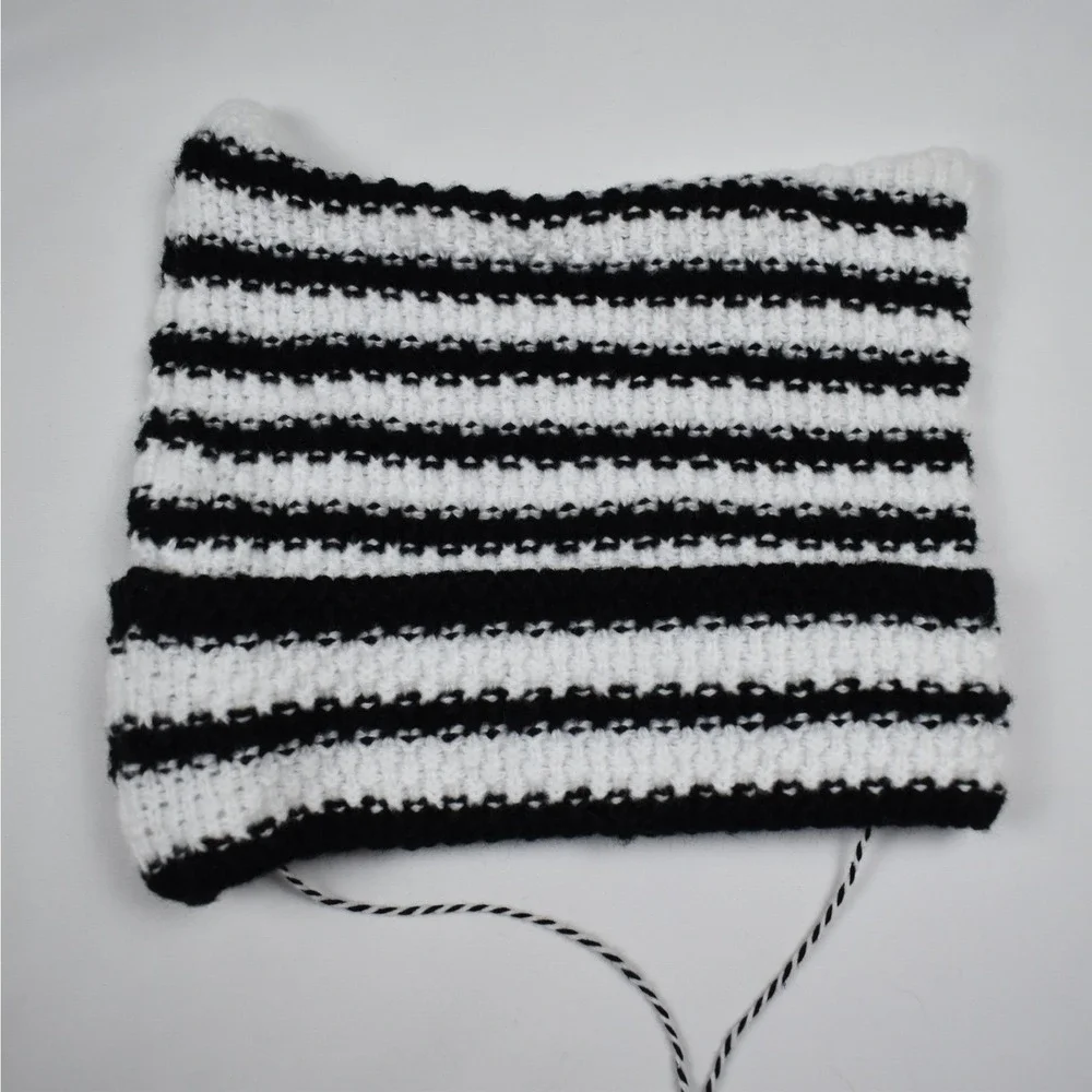 Kids Black & White Striped Star Knit Beanie Hat With Pom Poms Size S